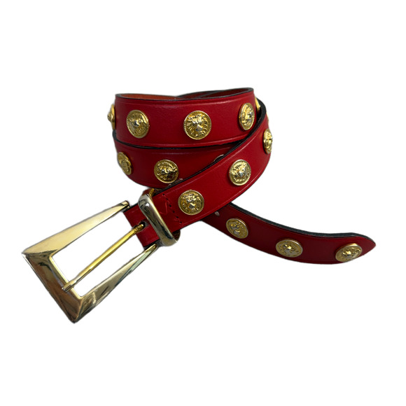 Anne Klein Lion Leather Belt Womens Red Gold Medallion 90s Metal 1" Animals - Picture 1 of 9